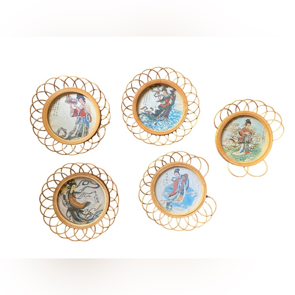 Vintage Japanese Bamboo Coaster Set | Set of S5 Wicker Bamboo Geisha Girl